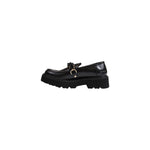 Cult Black Leather Platform with decorative chain, brushed finish, and chunky treaded sole for stylish stability and comfort.