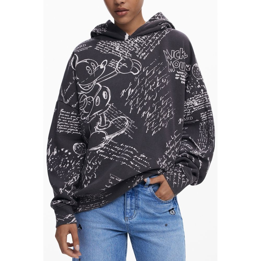 Desigual Black Cotton Women Hoodie with Mickey letters print, cozy long sleeves, and stylish design for a trendy, playful look.
