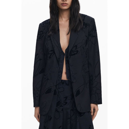 Desigual Black Polyester Women Jacket with chic V-neck and floral patterns