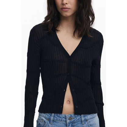 Woman wearing Desigual Black Viscose Women Cardigan with V-neck and 4 buttons, showcasing trendy and luxurious style.