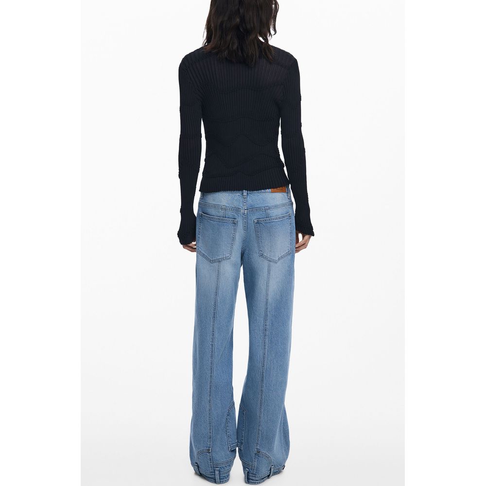 Back view of woman wearing Desigual Black Viscose Women Cardigan with blue jeans, featuring chic 4-button design.