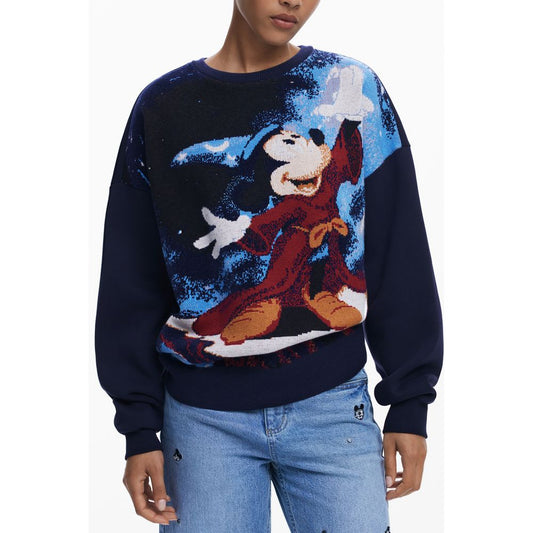Desigual Blue Cotton Women Sweater with Mickey print, long sleeves, vibrant design for stylish comfort. Cotton/polyester/viscose blend.