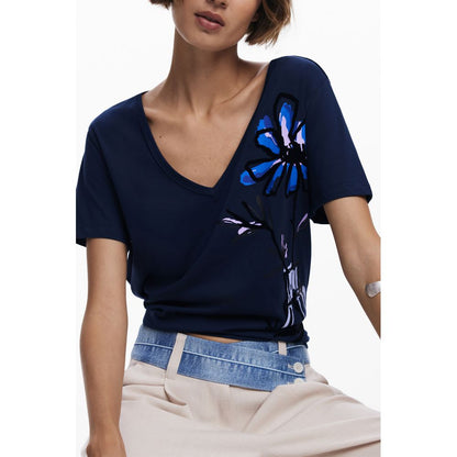 Desigual Blue Cotton Women T-Shirt with short sleeves, V-neck, bold print, and logo, stylish and vibrant fashion for women.