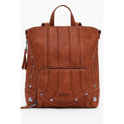Desigual Brown Polyethylene Women Mini Backpack with embroidery and external zipper, showcasing adjustable straps and removable handle.