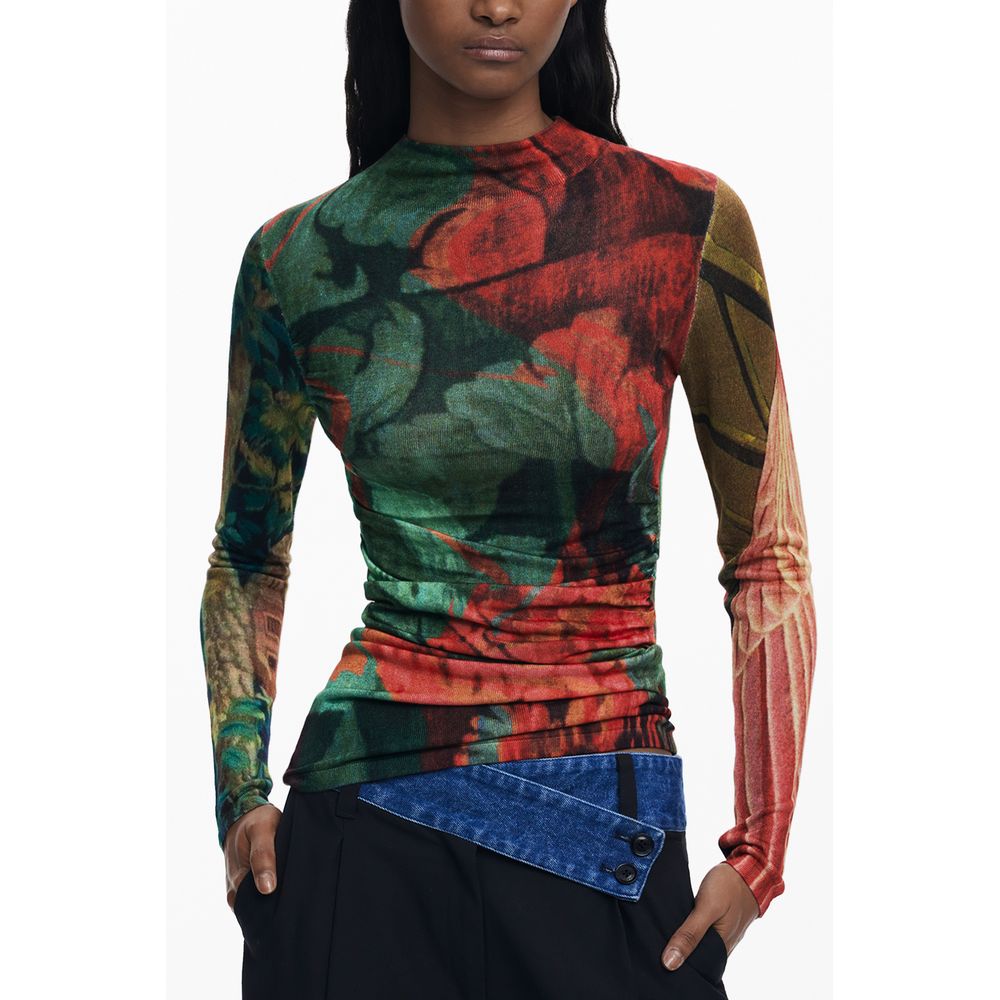 Desigual Green Viscose Women Sweater with vibrant patterned design, long sleeves, Lacroix Jersey turtleneck, and contrasting details.