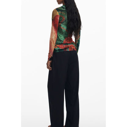 Back view of Desigual Green Viscose Women Sweater with colorful pattern and turtleneck design.