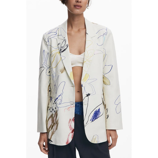 Desigual White Polyester Women Jacket with arty design and contrasting details, featuring three pockets and subtle luxury logo.