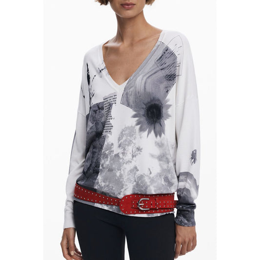 Desigual White Viscose Women Sweater with floral patterns and red belt, featuring a chic V-neck design for trendy fashion.