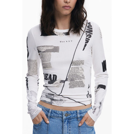 Desigual White Viscose Women T-Shirt with newspaper pattern and crew neck, featuring contrasting details for a bold, stylish statement.