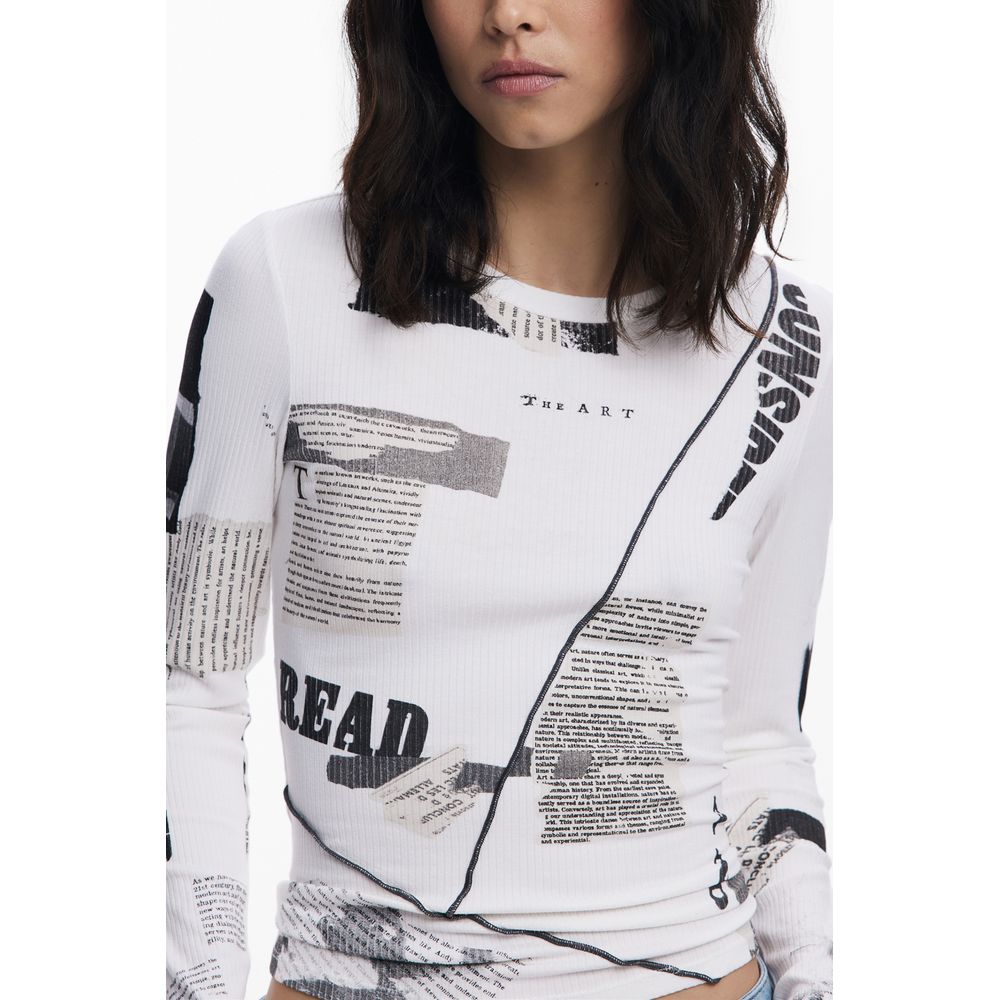 Model wearing Desigual White Viscose Women T-Shirt with newspaper print and crew neck, featuring contrasting details and logo.