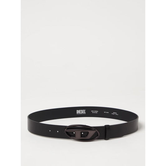 Diesel Black Leather Regular Belt with metal logo buckle, perfect for everyday wear and adding sophistication.