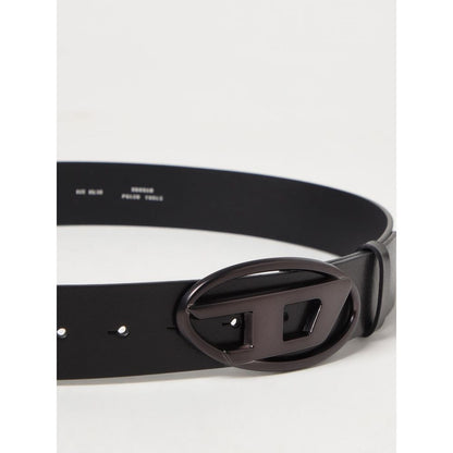 Diesel Black Leather Regular Belt with metal logo buckle for sophisticated everyday wear.