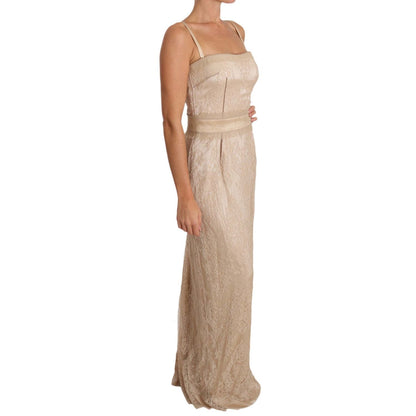 Dolce & Gabbana Beige Lace Spaghetti Strap Sheath Dress with floor-length design, zipper closure, and exclusive craftsmanship.