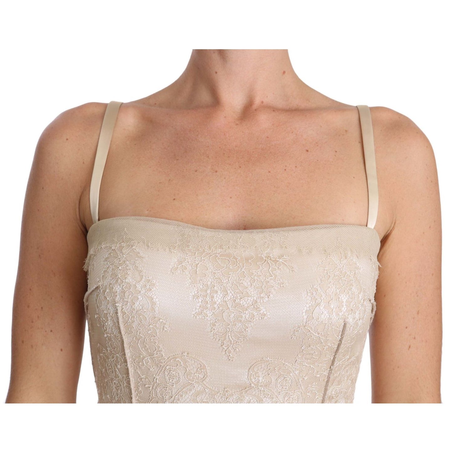 Dolce & Gabbana Beige Lace Spaghetti Strap Sheath Dress close-up view showing lace detail and strap design.