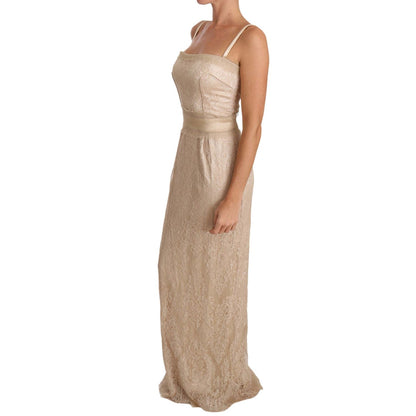 Dolce & Gabbana Beige Lace Spaghetti Strap Sheath Dress with floor-length design and back zipper closure.
