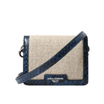 Dolce & Gabbana Beige Raffia Blue Leather Trim Mini Shoulder Purse Crossbody Bag with silver-tone hardware.