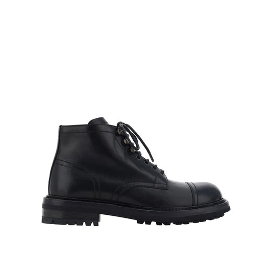 Dolce & Gabbana Black Calfskin Lace-Up Boots, men's round toe leather boot with front lace-up closure, side view