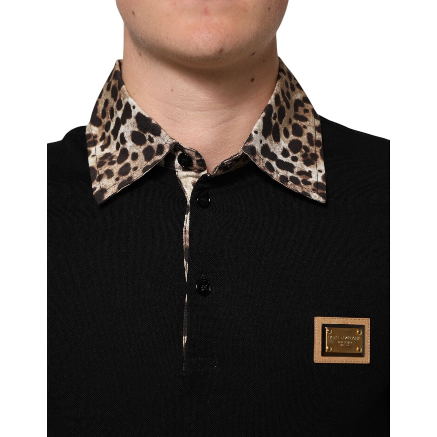 Dolce & Gabbana Black Cotton Leopard Collar Polo T-shirt