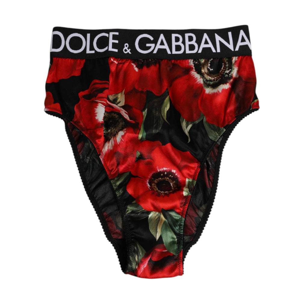Dolce & Gabbana Black Floral Print High Waist Panty Underwear with red floral design and logo waistband, offering a flattering fit.
