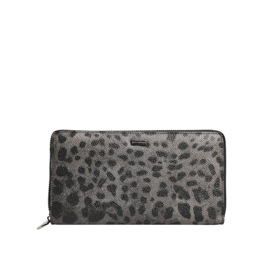 Dolce & Gabbana Black Gray Leopard Leather Zip Around Continental Wallet BAG4692