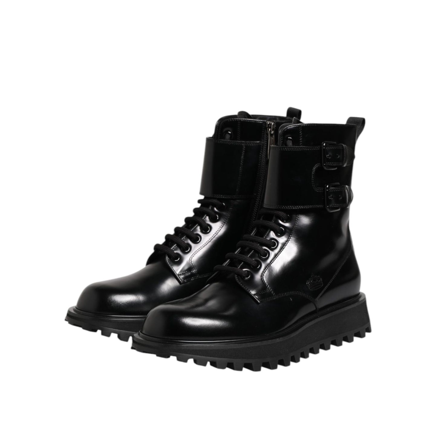 Dolce & Gabbana Black Leather Lace Up Mid Calf Boots Shoes with buckles, exclusive men's footwear made in Italy.