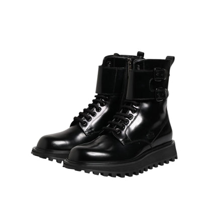 Dolce & Gabbana Black Leather Lace Up Mid Calf Boots Shoes with buckles, exclusive men's footwear made in Italy.