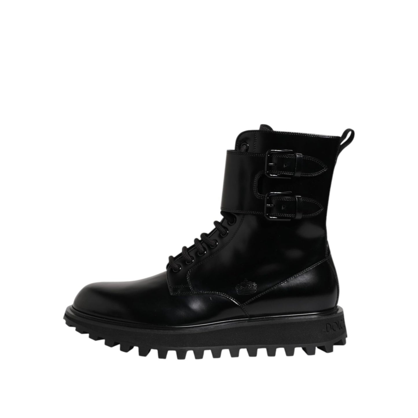 Dolce & Gabbana Black Leather Lace Up Mid Calf Boots Shoes with logo details, crafted from 100% calf leather, made in Italy.