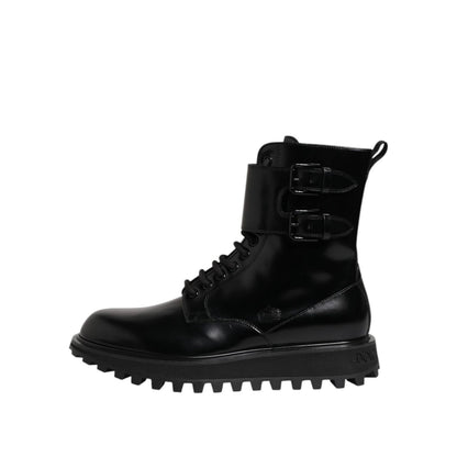 Dolce & Gabbana Black Leather Lace Up Mid Calf Boots Shoes with logo details, crafted from 100% calf leather, made in Italy.