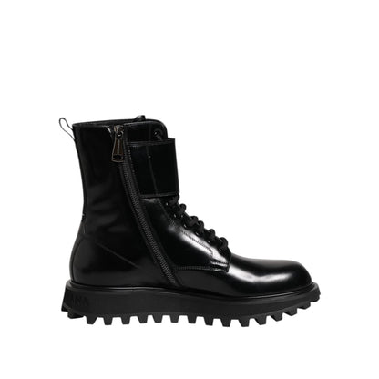 Dolce & Gabbana Black Leather Lace Up Mid Calf Boots Shoes made in Italy, showcasing luxury craftsmanship with logo and lace up closure.