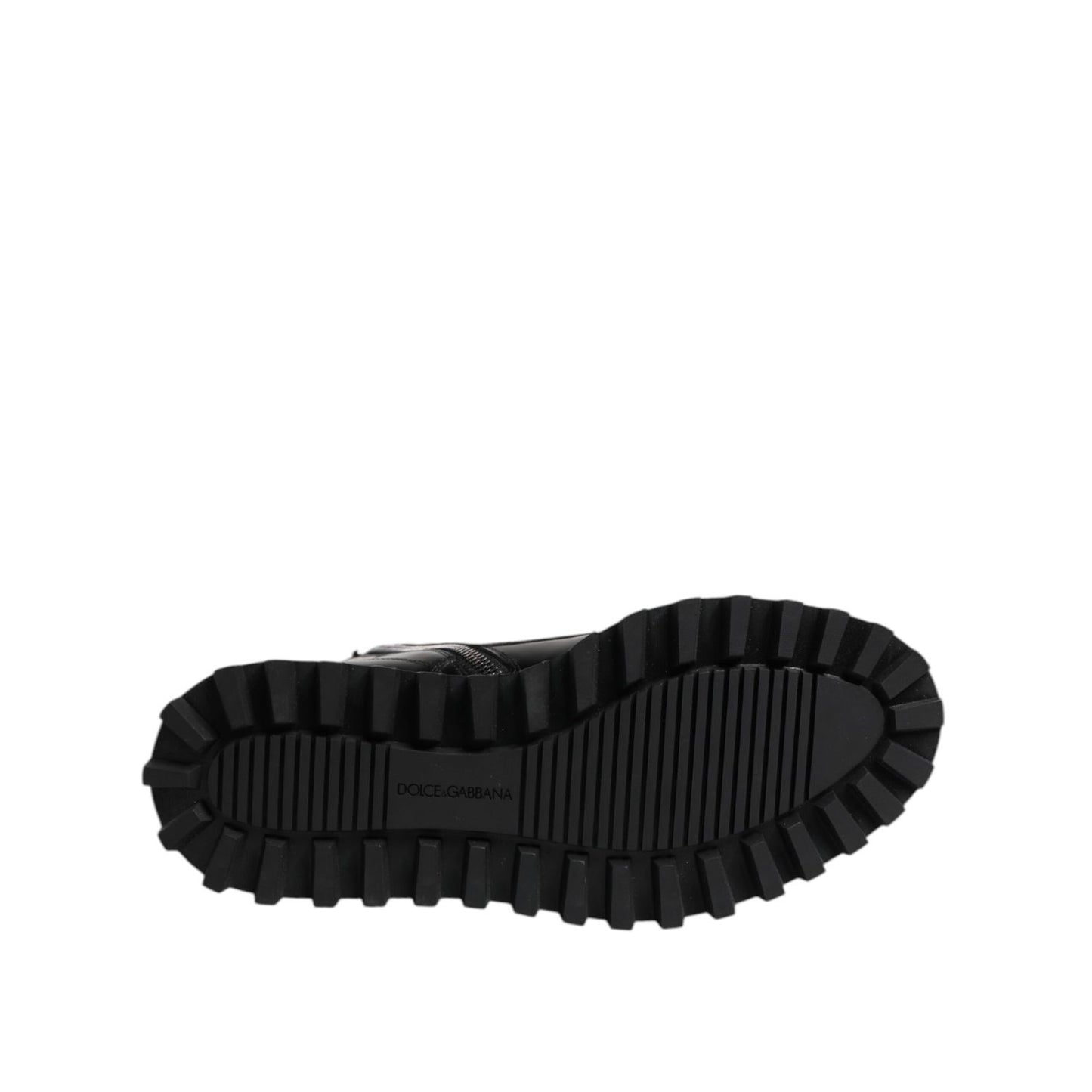 Sole view of Dolce & Gabbana Black Leather Lace Up Mid Calf Boots Shoes showcasing rugged leather outer sole with logo detail.