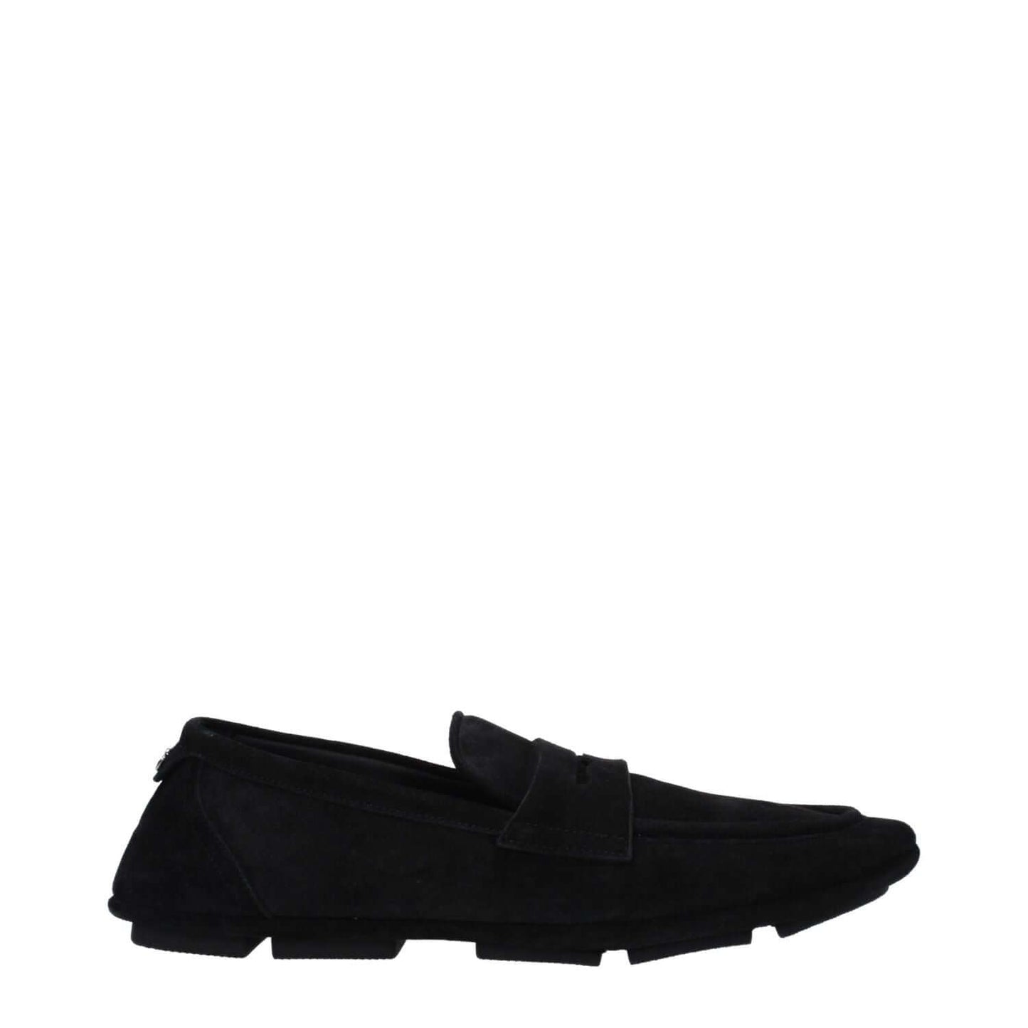Dolce & Gabbana Black Leather Slip-On Loafers with rubber sole and round toe, featuring back logo, casual style.