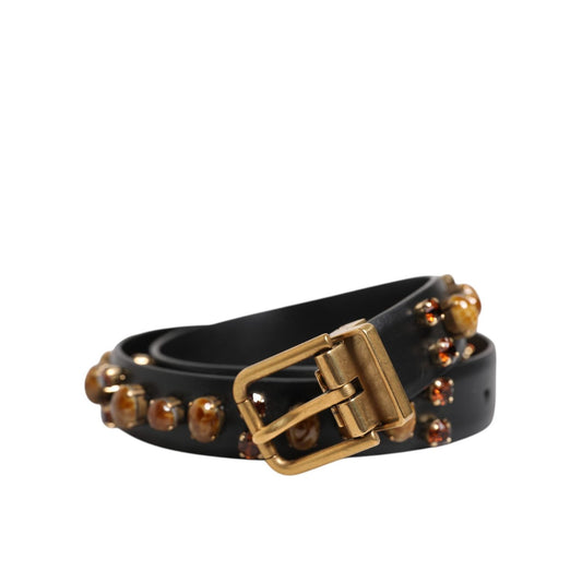 Dolce & Gabbana Black Leather Studded Gold Tone Buckle Belt BEL9255-85