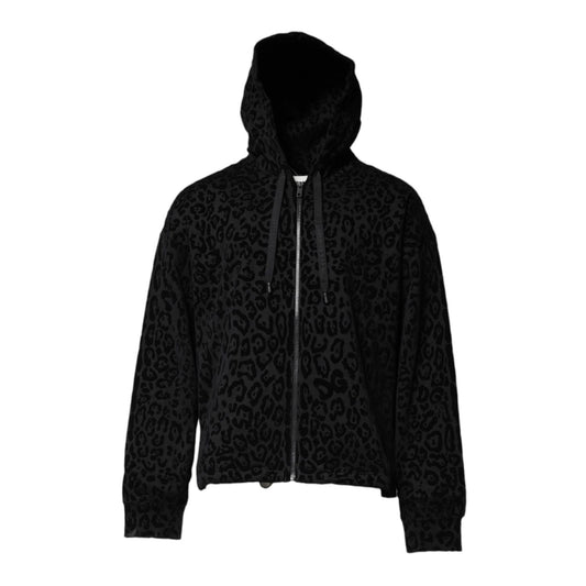 Dolce & Gabbana Black Leopard Full Zip Hooded Sweatshirt Sweater, 100% cotton, regular fit, Italian made, featuring leopard pattern and logo details.