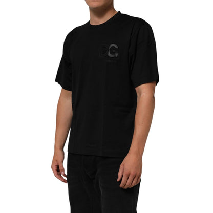 Dolce & Gabbana Black Logo Patch Cotton Men Crew Neck T-shirt