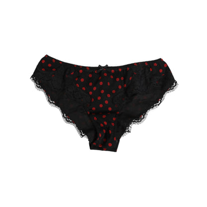 Dolce & Gabbana Black Polka Dotted Silk Low Waist Panty Underwear with red dots and lace trim, luxurious and stylish