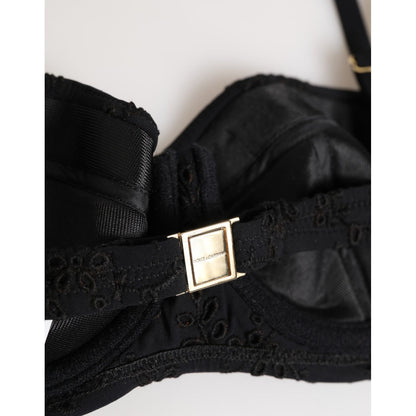 Dolce & Gabbana Black Polyester Embroidered Underwire Bra Underwear with floral detailing and logo clasp, crafted in Italy.