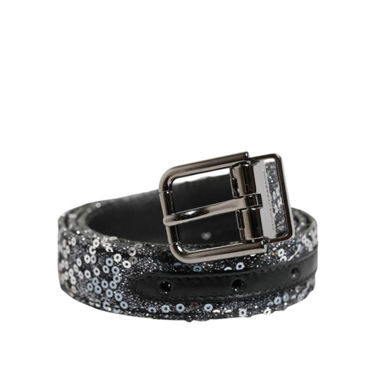 Dolce & Gabbana Black Sequins Silver Metal Logo Buckle Belt BEL9400-90