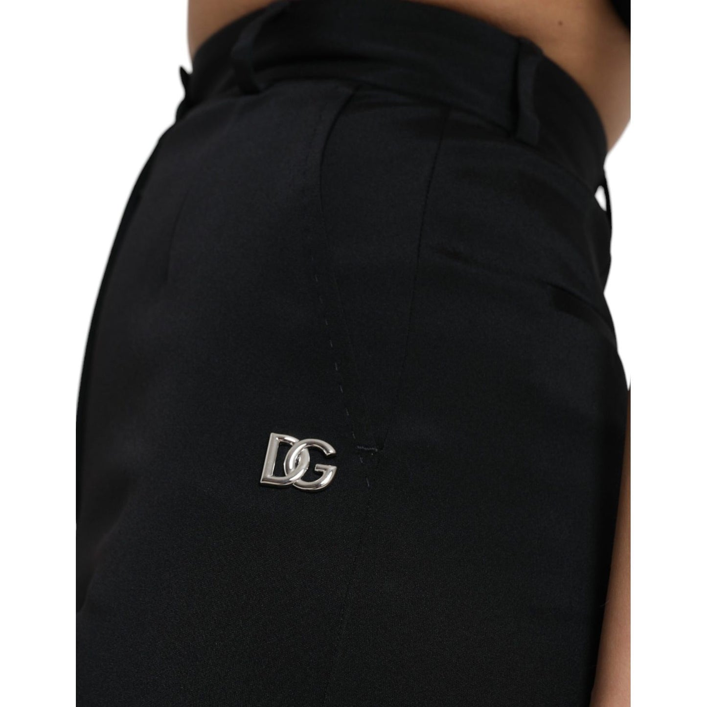 Dolce & Gabbana Black Wool Stretch High Waist Skinny Pants showcasing logo detail and high-quality fabric.