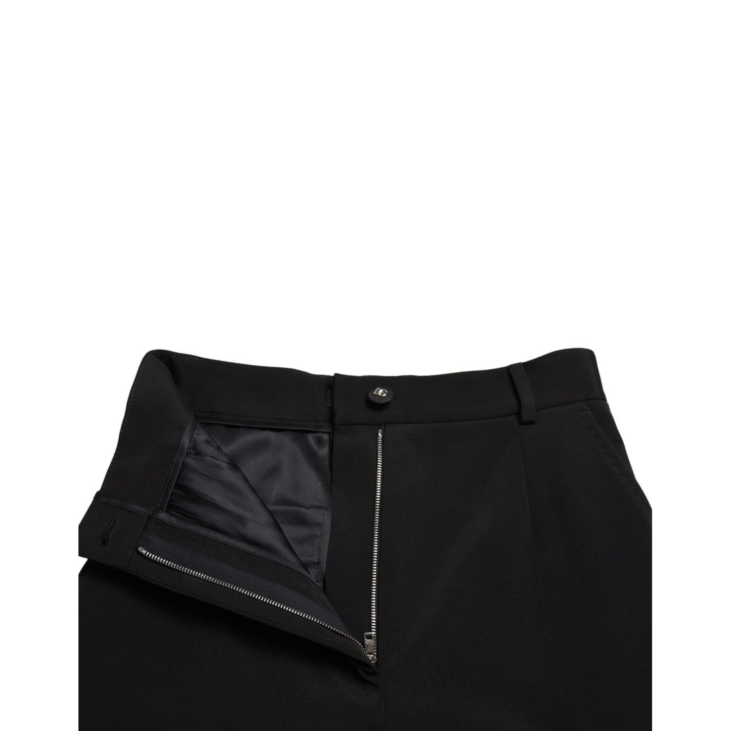Dolce & Gabbana Black Wool Stretch High Waist Skinny Pants with zipper and logo details, made in Italy, featuring a comfortable fit.