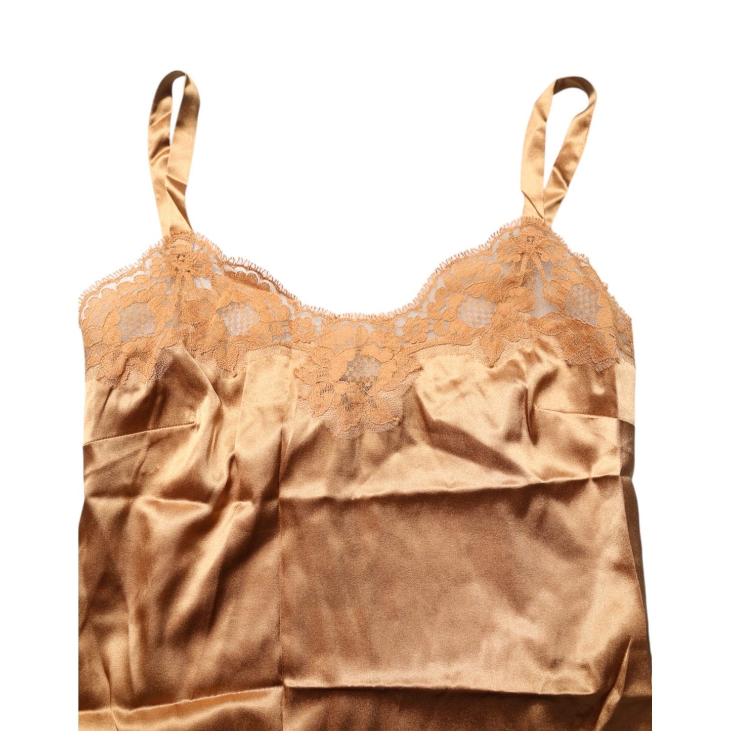 Dolce & Gabbana Brown Floral Lace Silk Satin Tank Lingerie Underwear with heart neckline and lace trim.