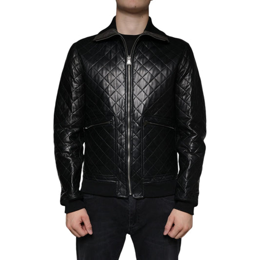 Dolce & Gabbana Black Calf Leather Quilted Full Zip Jacket JKT4086-48
