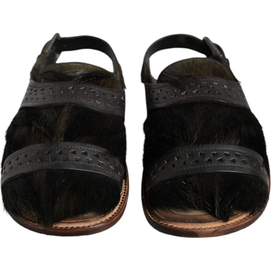 Dolce & Gabbana Black Gazelle Hair Leather Flats Sandals Shoes MV5103-44
