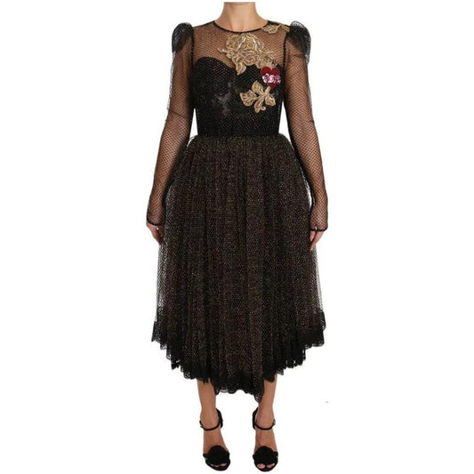 Dolce & Gabbana Black Gold Crystal Heart A-line Dress DR1583-44