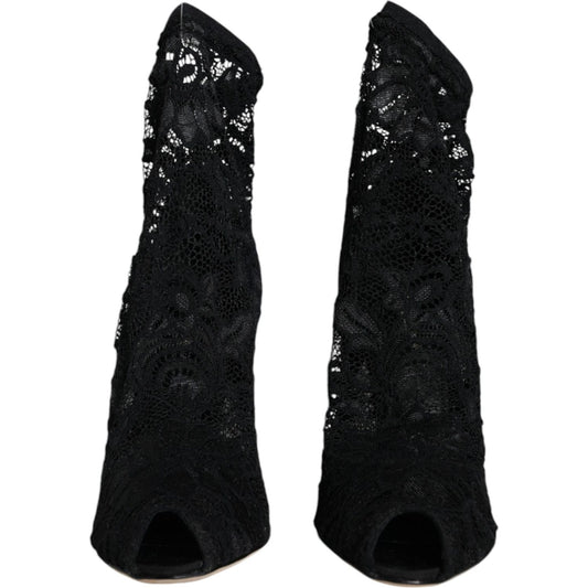 Dolce & Gabbana Black Lace Stretch Heels Mid Calf Boot Shoes LA11698-36