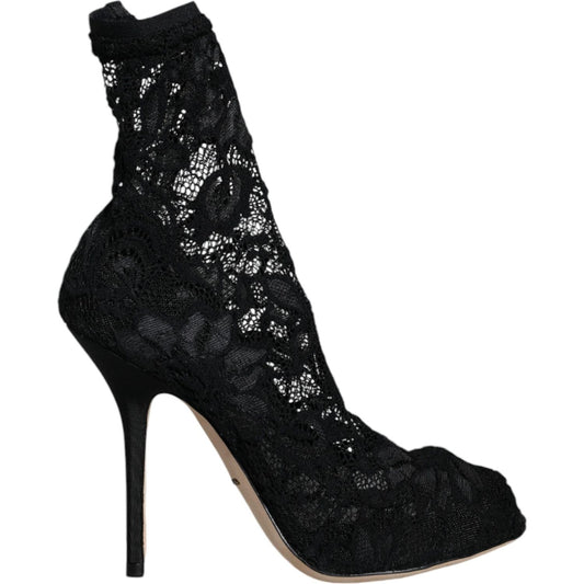 Dolce & Gabbana Black Lace Stretch Heels Mid Calf Boot Shoes LA11698-36