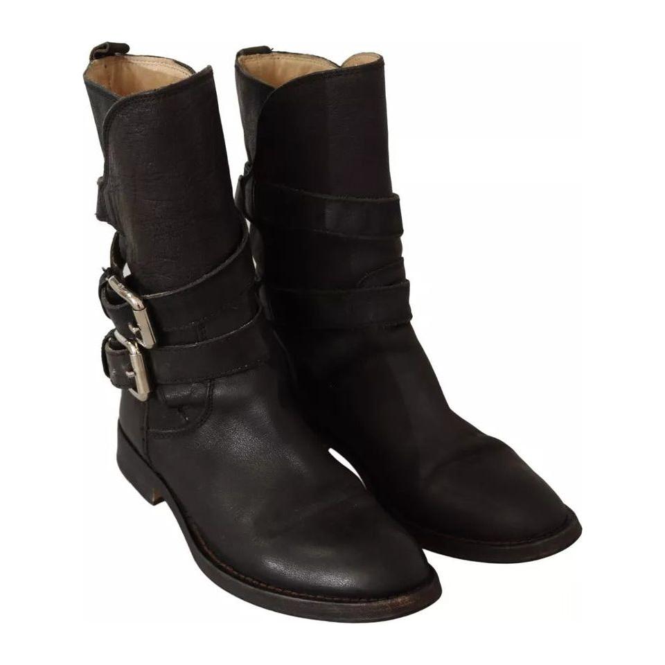 Dolce & Gabbana Black Leather Buckle Mid Calf Boots Shoes LA9576-37.5