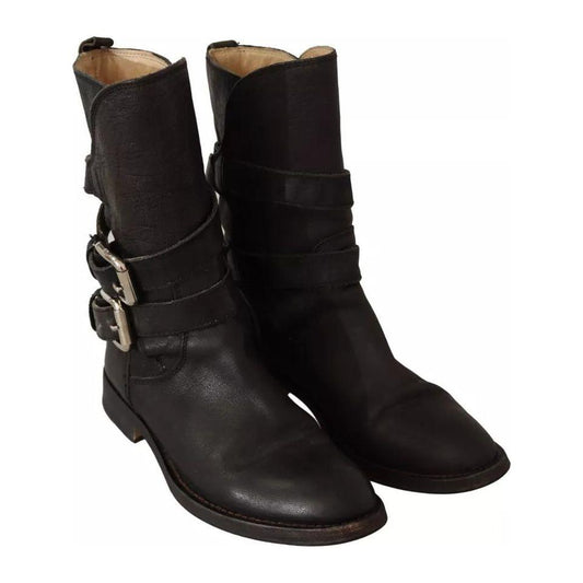 Dolce & Gabbana Black Leather Buckle Mid Calf Boots Shoes LA9576-37.5