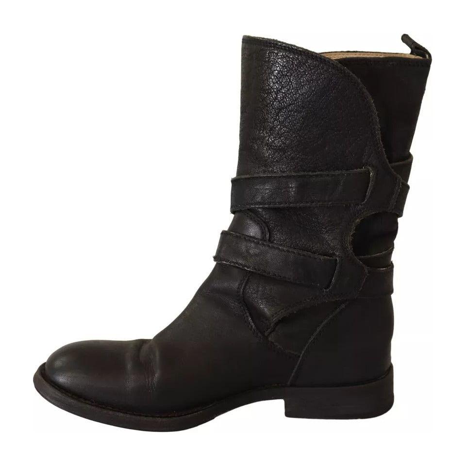 Dolce & Gabbana Black Leather Buckle Mid Calf Boots Shoes LA9576-37.5