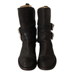 Dolce & Gabbana Black Leather Buckle Mid Calf Boots Shoes LA9576-37.5