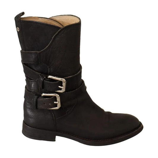 Dolce & Gabbana Black Leather Buckle Mid Calf Boots Shoes LA9576-37.5